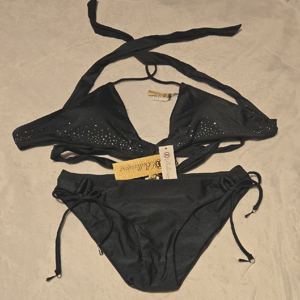 NWT Bellisima Swimwear Black Pearl Set bikini/Top Size L